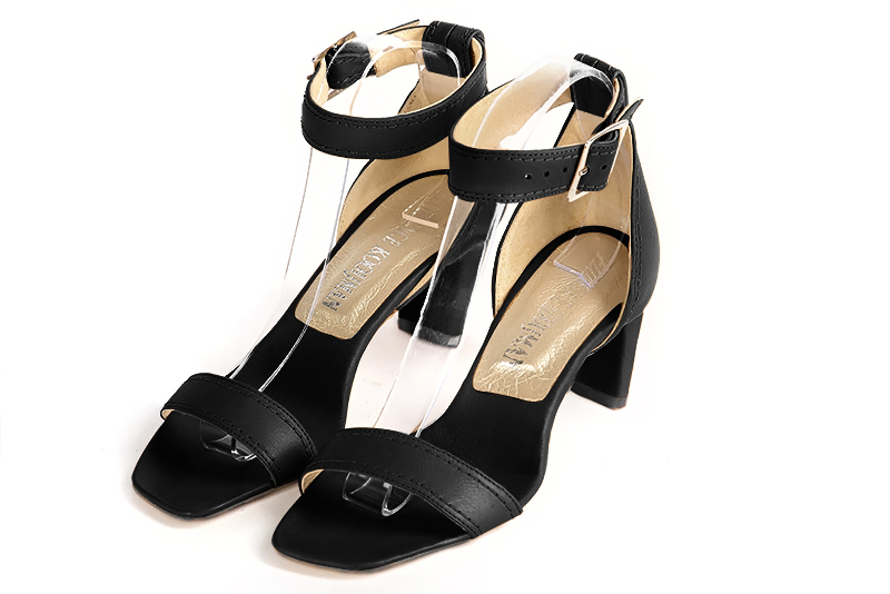 Satin black women's closed back sandals, with a strap around the ankle. Square toe. Medium comma heels - Florence KOOIJMAN